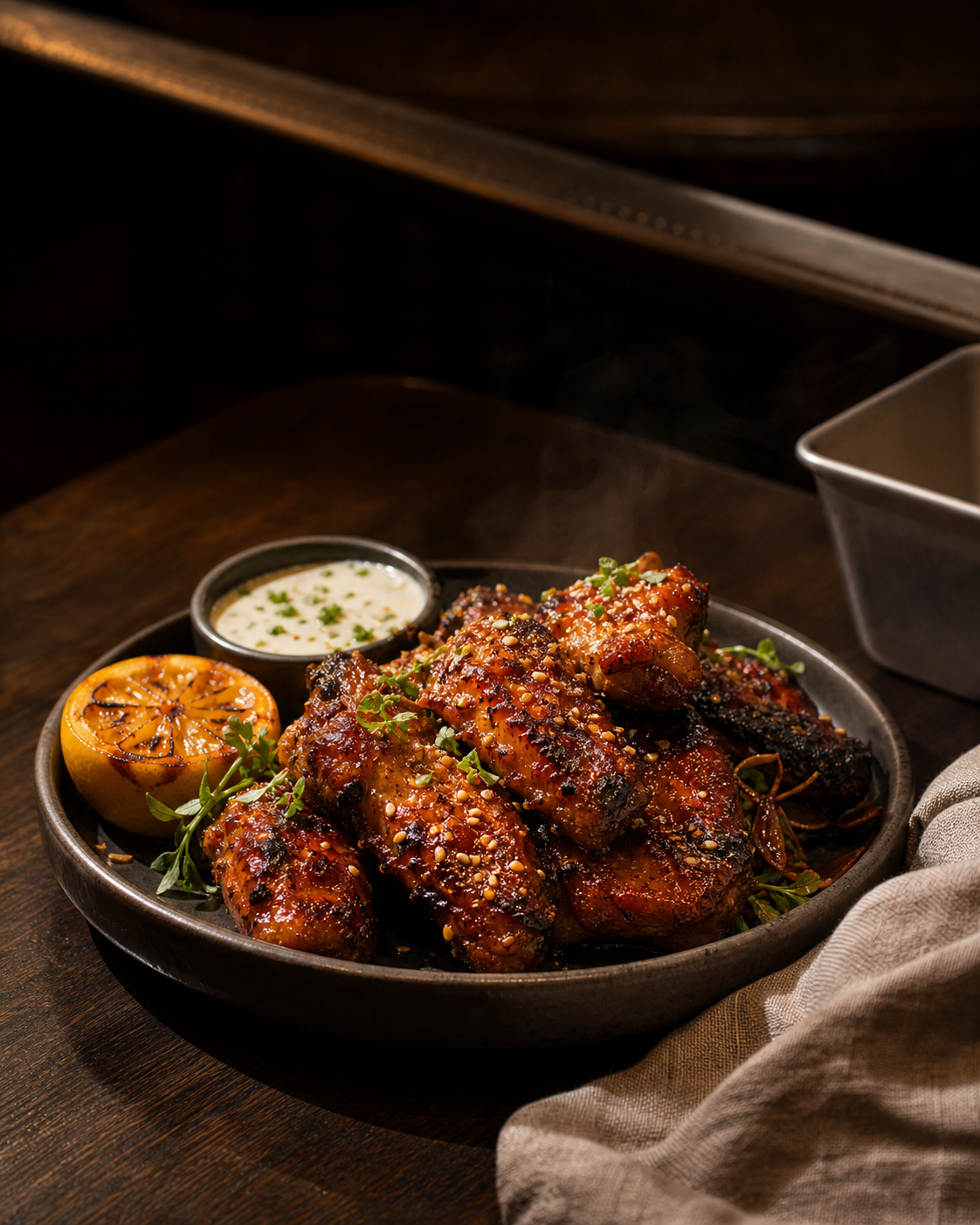 Honey-hot wings with charred lemon and herbs